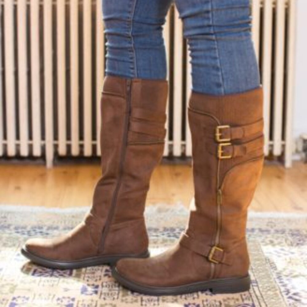 White Mountain Mazed Brown Faux Suede Tall Riding Buckle & Zip Boots sz 5.5 NWT